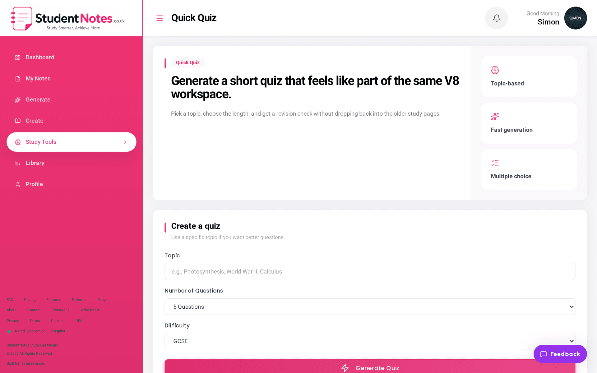 StudentNotes quick quiz — generate a revision check on any topic