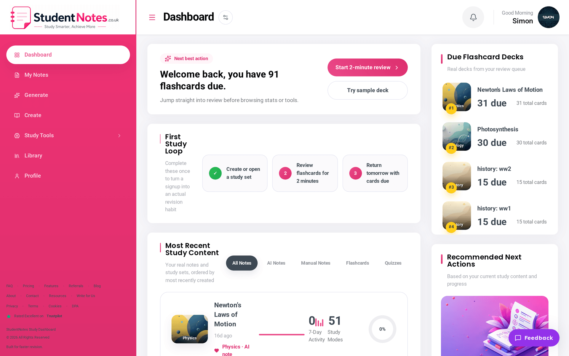 StudentNotes dashboard showing flashcard decks due, study streak and recent notes