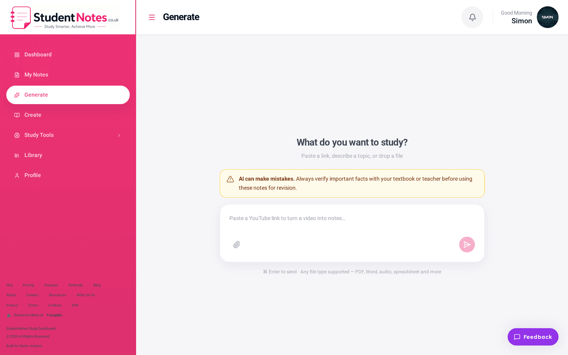 StudentNotes AI generator — paste a link, topic or file to create study notes
